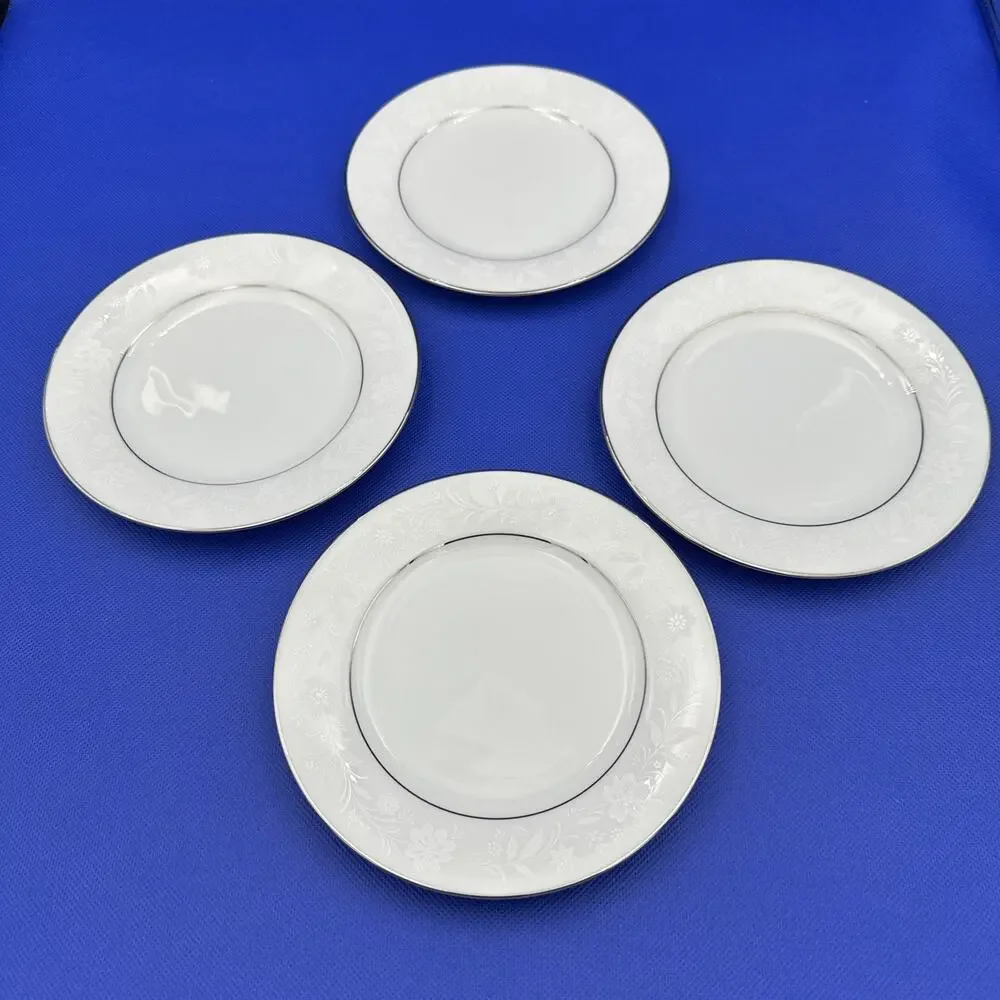 Noritake Ranier 6909 Bread Plates 6 3/8” White Floral on White Silver Rim‎ Set 4